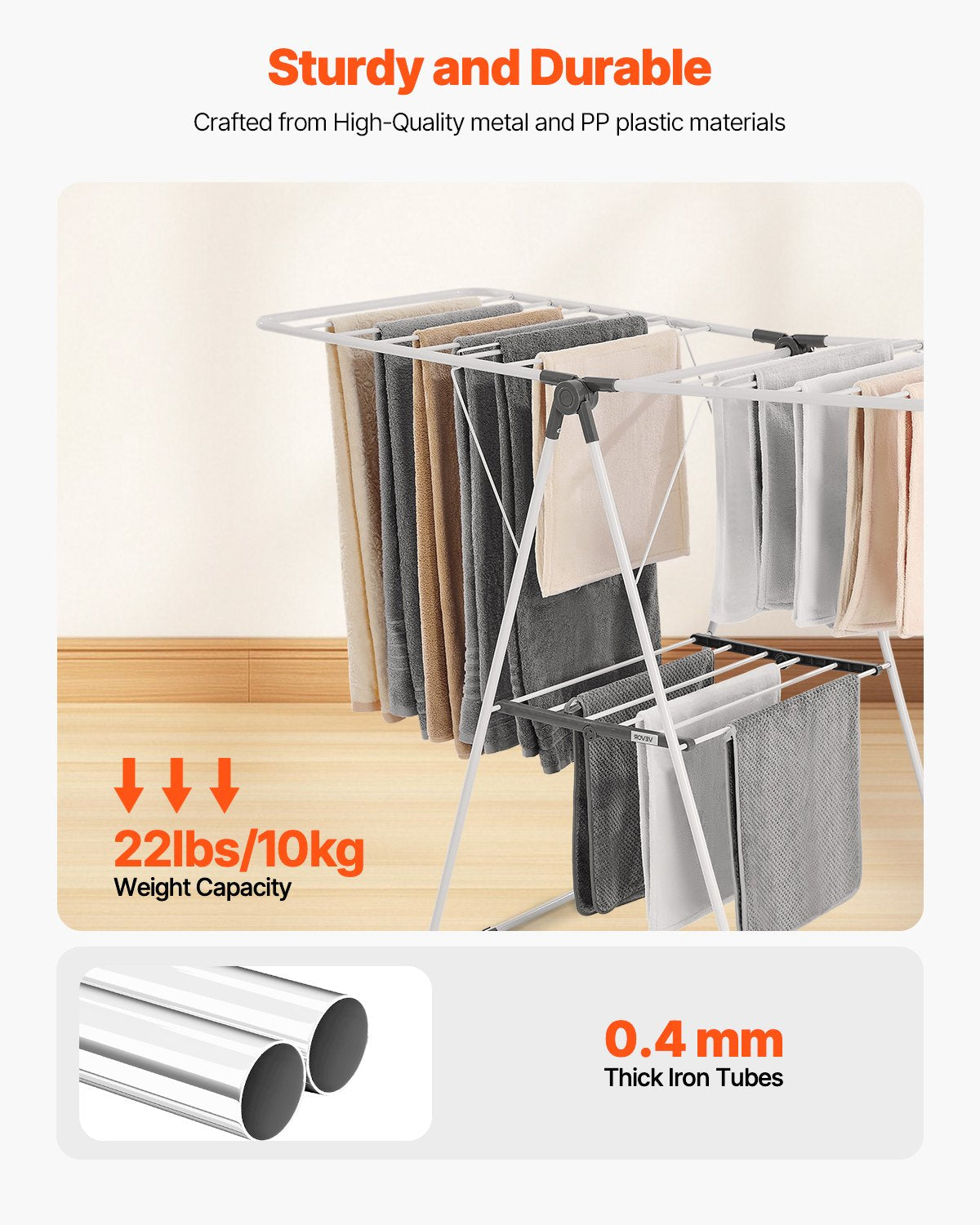 VEVOR 2-Tier Foldable Clothes Drying Rack with Sock Clips & 21 Drying Rods White