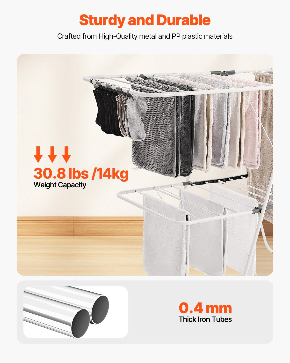 VEVOR 2-Tier Foldable Clothes Drying Rack with Sock Clips & 31 Drying Rods White