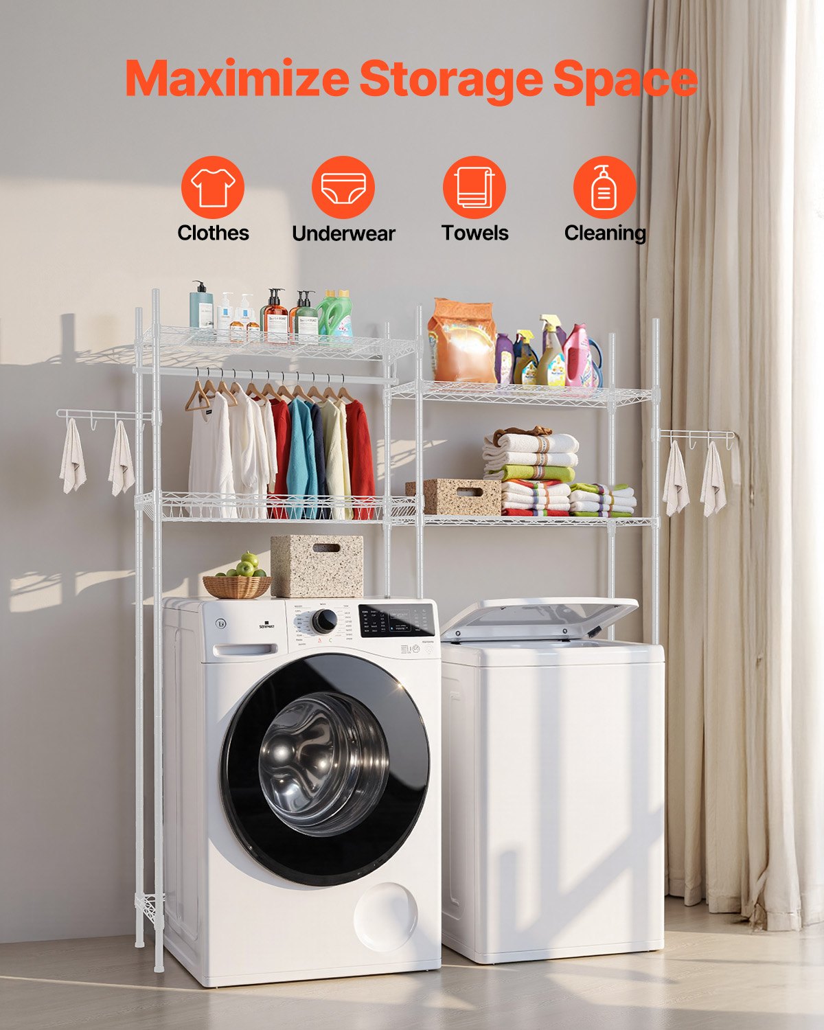 VEVOR Over Washer and Dryer Storage Shelf Two Row 4 Tiers Washer Rack White