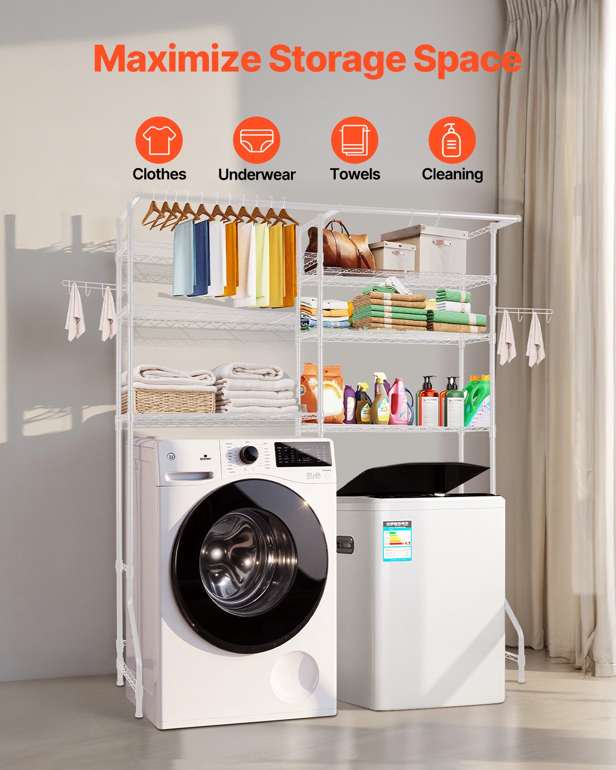 VEVOR Over Washer and Dryer Storage Shelf Two Row 6 Tiers Washer Rack White