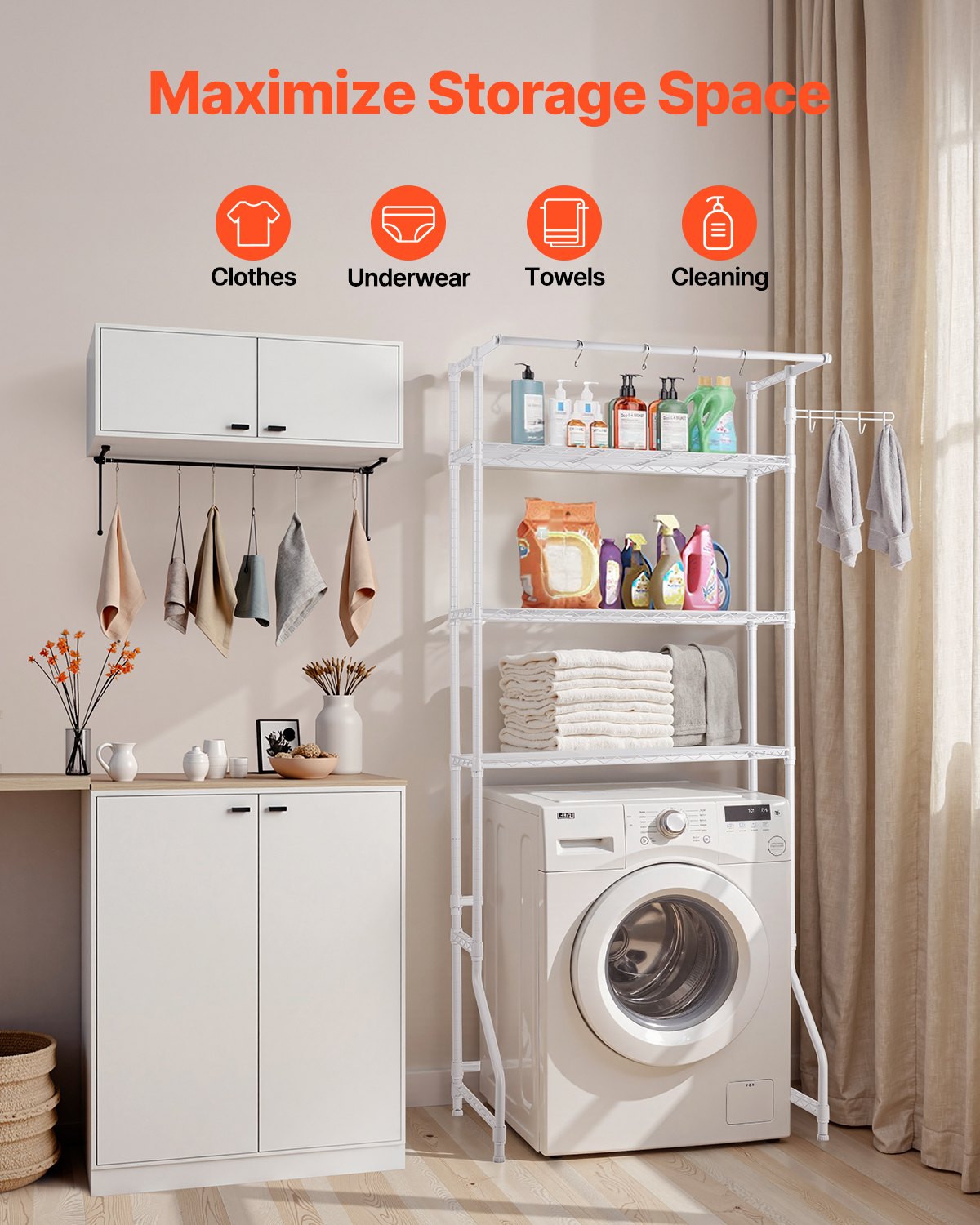 VEVOR Over Washer and Dryer Storage Shelf Single Row 3 Tiers Washer Rack White