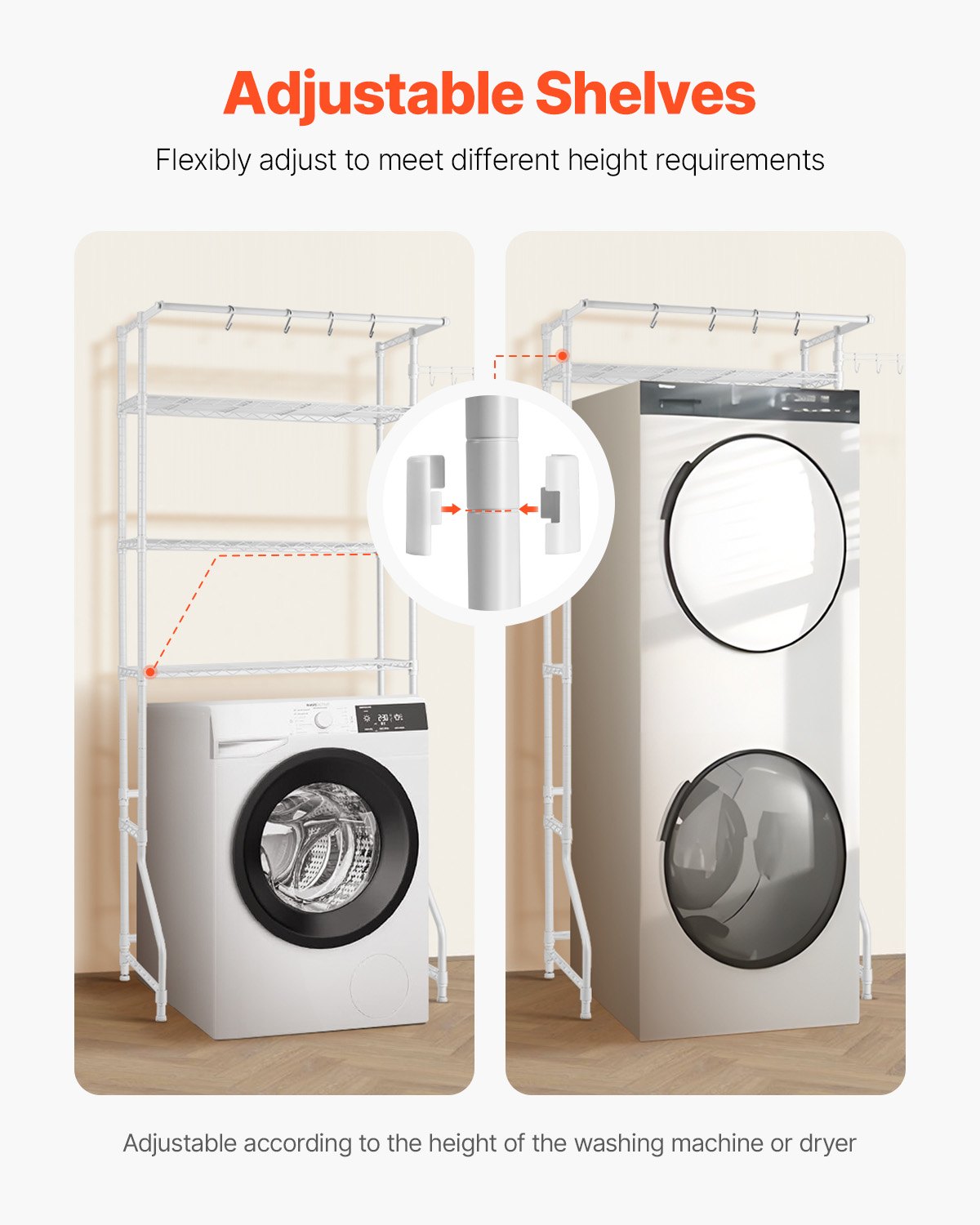 VEVOR Over Washer and Dryer Storage Shelf Single Row 3 Tiers Washer Rack White