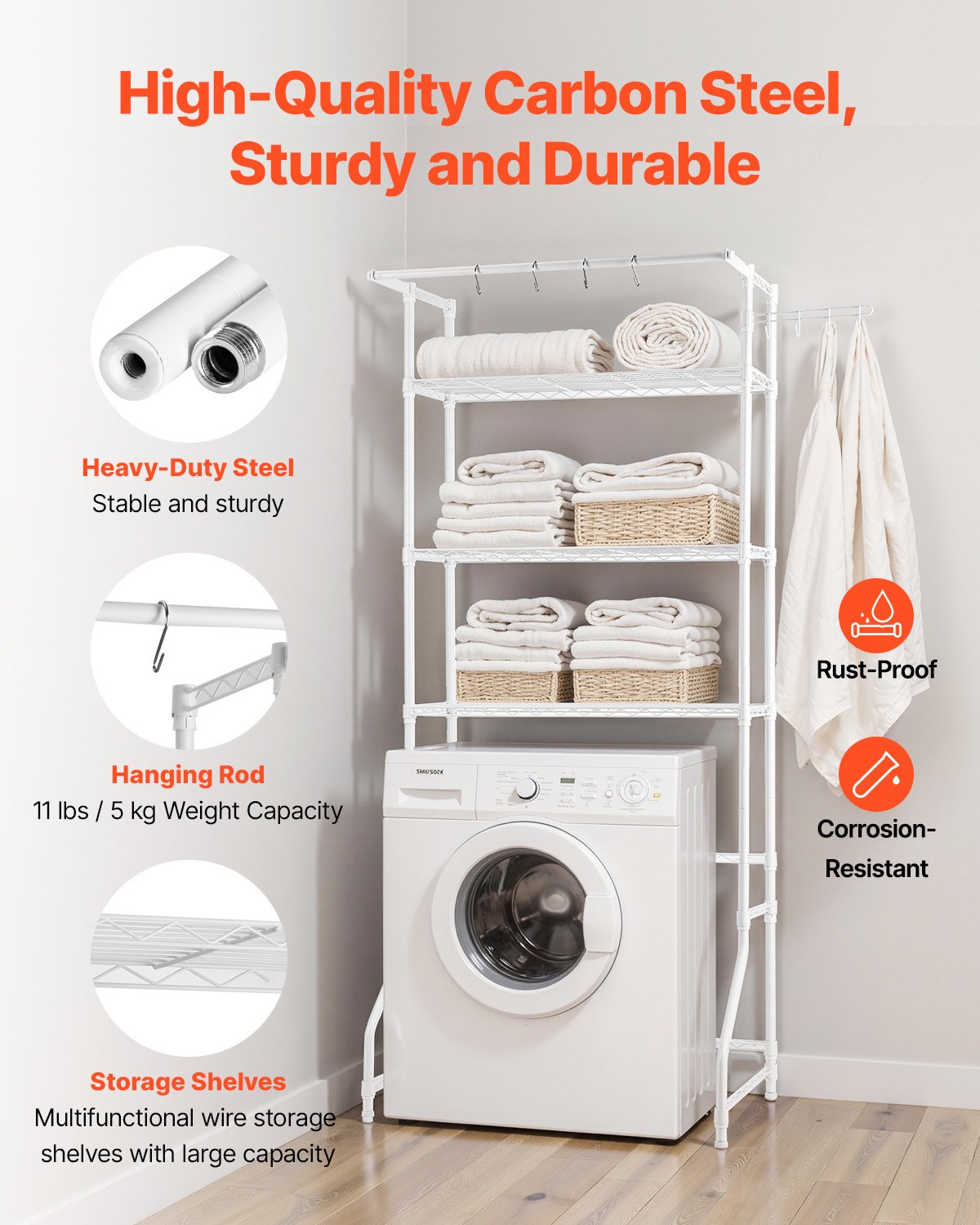 VEVOR Over Washer and Dryer Storage Shelf Single Row 3 Tiers Washer Rack White