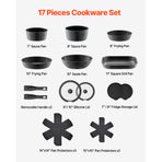 17 Piece Pots and Pans Set, Granite Nonstick Detachable Handle Cookware, Space Saving Induction Cookwares, Kitchen RV Cooking Sets with Frying, Sauce, Saute, Tempered Glass Lid, Oven Safe, Black