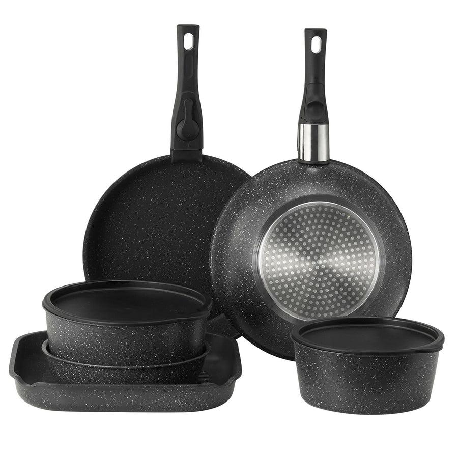 17 Piece Pots and Pans Set, Granite Nonstick Detachable Handle Cookware, Space Saving Induction Cookwares, Kitchen RV Cooking Sets with Frying, Sauce, Saute, Tempered Glass Lid, Oven Safe, Black