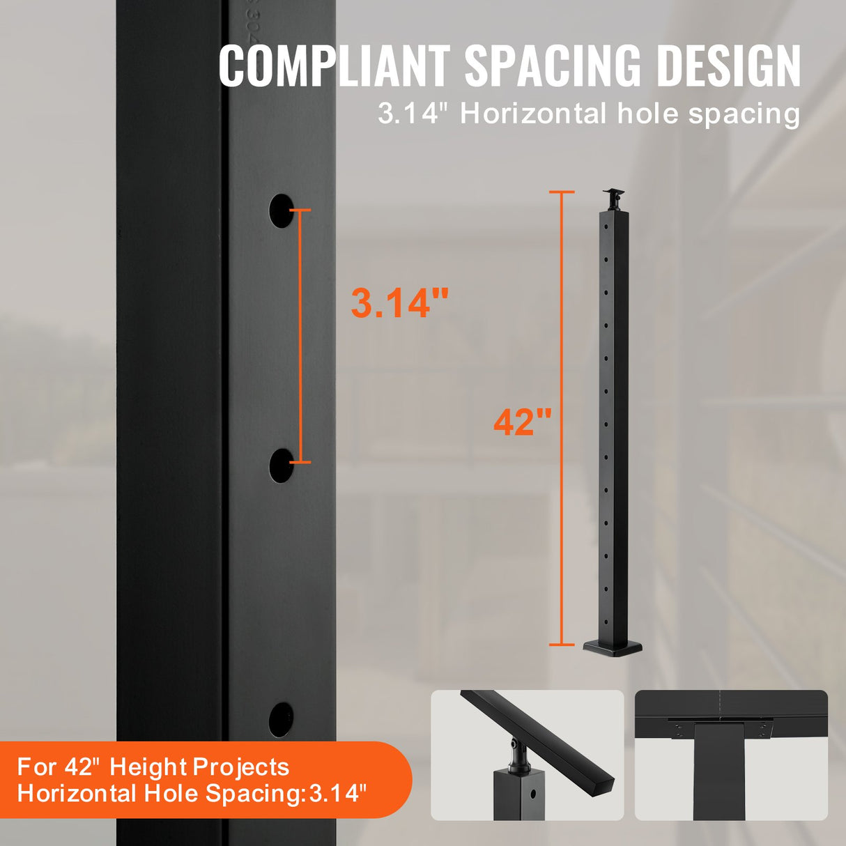 VEVOR Cable Railing Post Level Deck Stair Post 42 x 1.97 x 1.97" Cable Handrail Post Stainless Steel Brushed Finishing Deck Railing Pre-Drilled Pickets with Mounting Bracket Stair Railing Kit Black 106.7*5*5cm