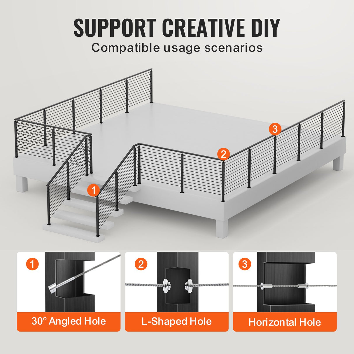 VEVOR Cable Railing Post Level Deck Stair Post 42 x 1.97 x 1.97" Cable Handrail Post Stainless Steel Brushed Finishing Deck Railing Pre-Drilled Pickets with Mounting Bracket Stair Railing Kit Black 106.7*5*5cm