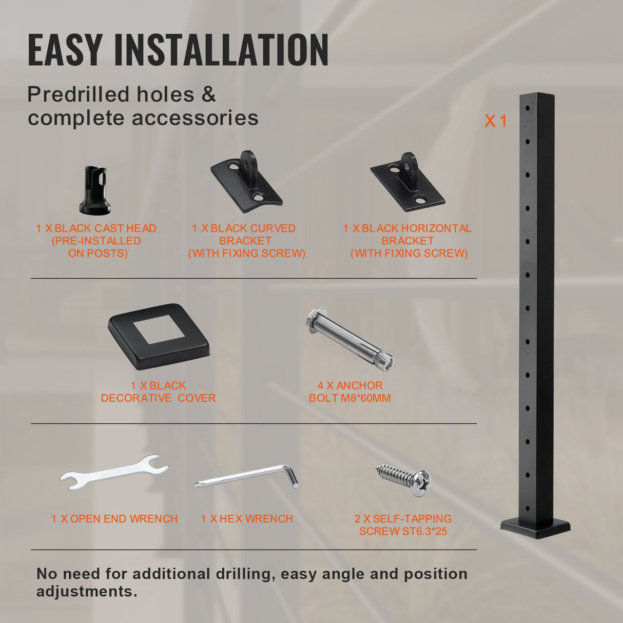 VEVOR Cable Railing Post Level Deck Stair Post 42 x 1.97 x 1.97" Cable Handrail Post Stainless Steel Brushed Finishing Deck Railing Pre-Drilled Pickets with Mounting Bracket Stair Railing Kit Black 106.7*5*5cm