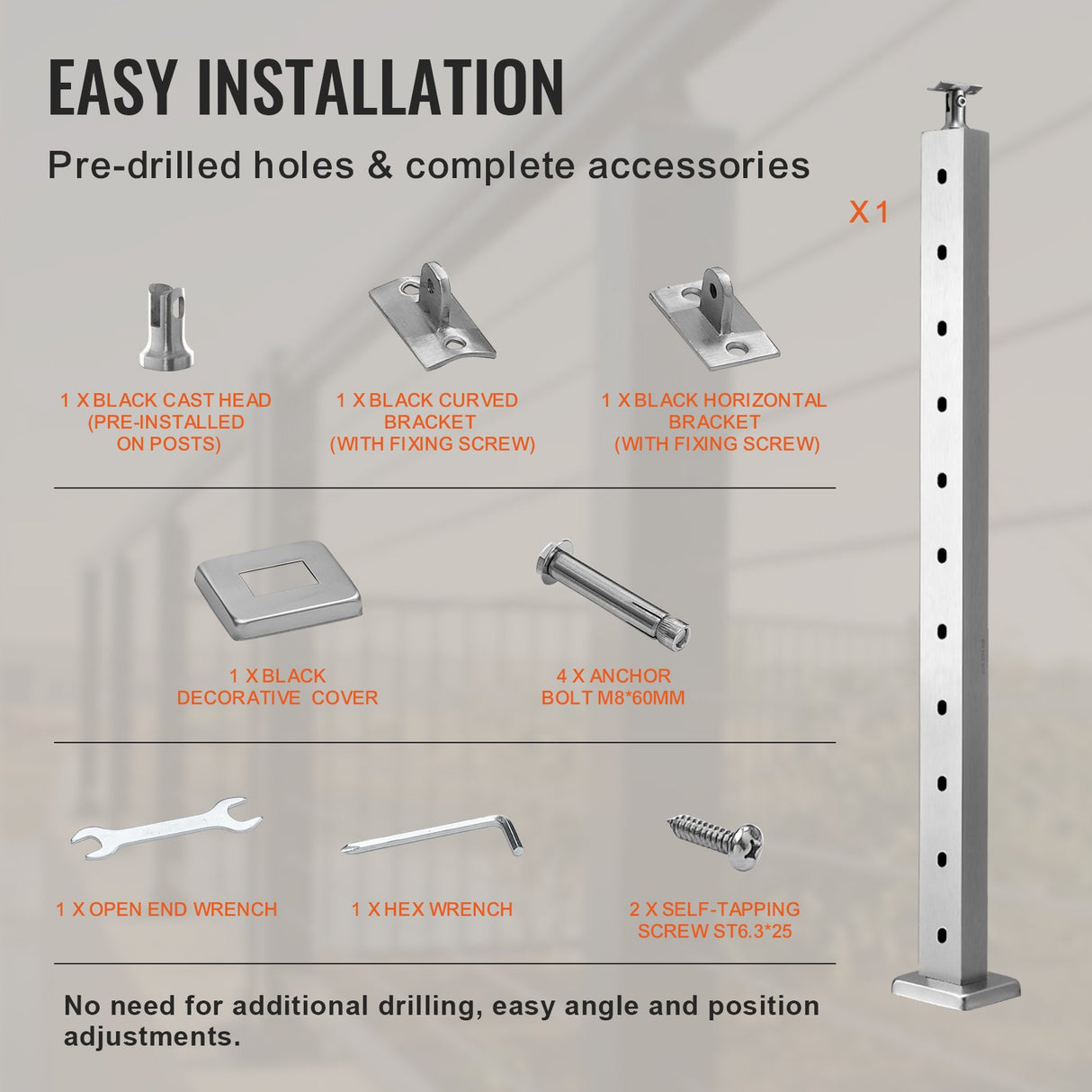 VEVOR Cable Railing Post Level Deck Stair Post 36 x 0.98 x 1.97" Cable Handrail Post Stainless Steel Wire Drawing Deck Railing Pre-Drilled Pickets with Mounting Bracket Stair Railing Kit Silver, 91.4*2.5*5cm