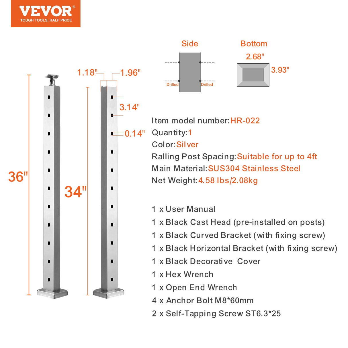 VEVOR Cable Railing Post Level Deck Stair Post 36 x 0.98 x 1.97" Cable Handrail Post Stainless Steel Wire Drawing Deck Railing Pre-Drilled Pickets with Mounting Bracket Stair Railing Kit Silver, 91.4*2.5*5cm