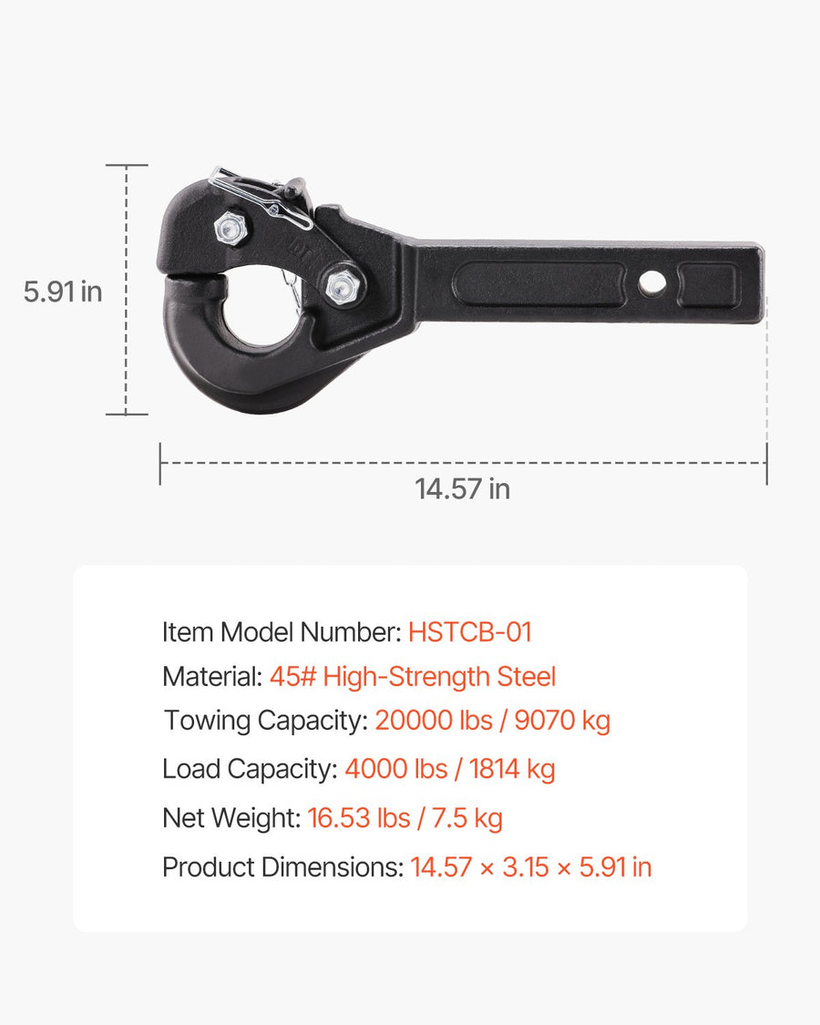 VEVOR Pintle Hitch 50.4 mm Receiver Hook 63.5 - 76.2 mm Lunette Ring 9070 kg, image 6