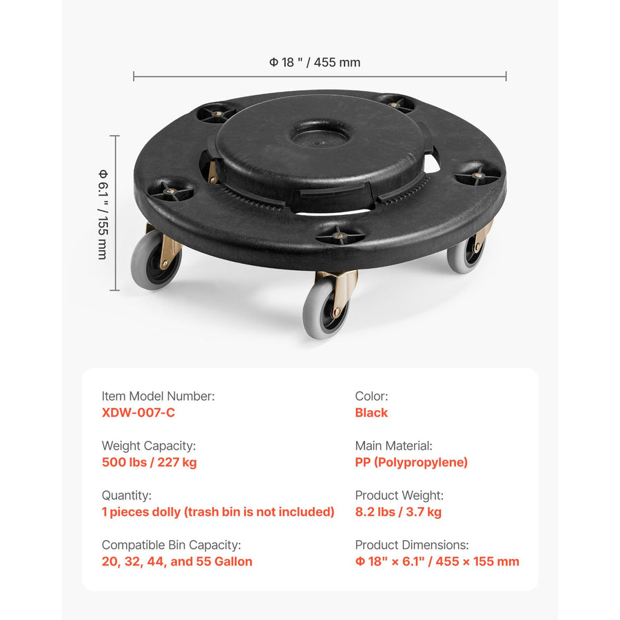 Trash Can Dolly, Fit 20, 32, 44, 55 Gallon Containers, Round Trash Can Roller Base with 4 Lockable Wheels, 500lbs Weight Capacity, Heavy Duty Barrel Dolly, Multi-Functional Rolling Dolly Cart