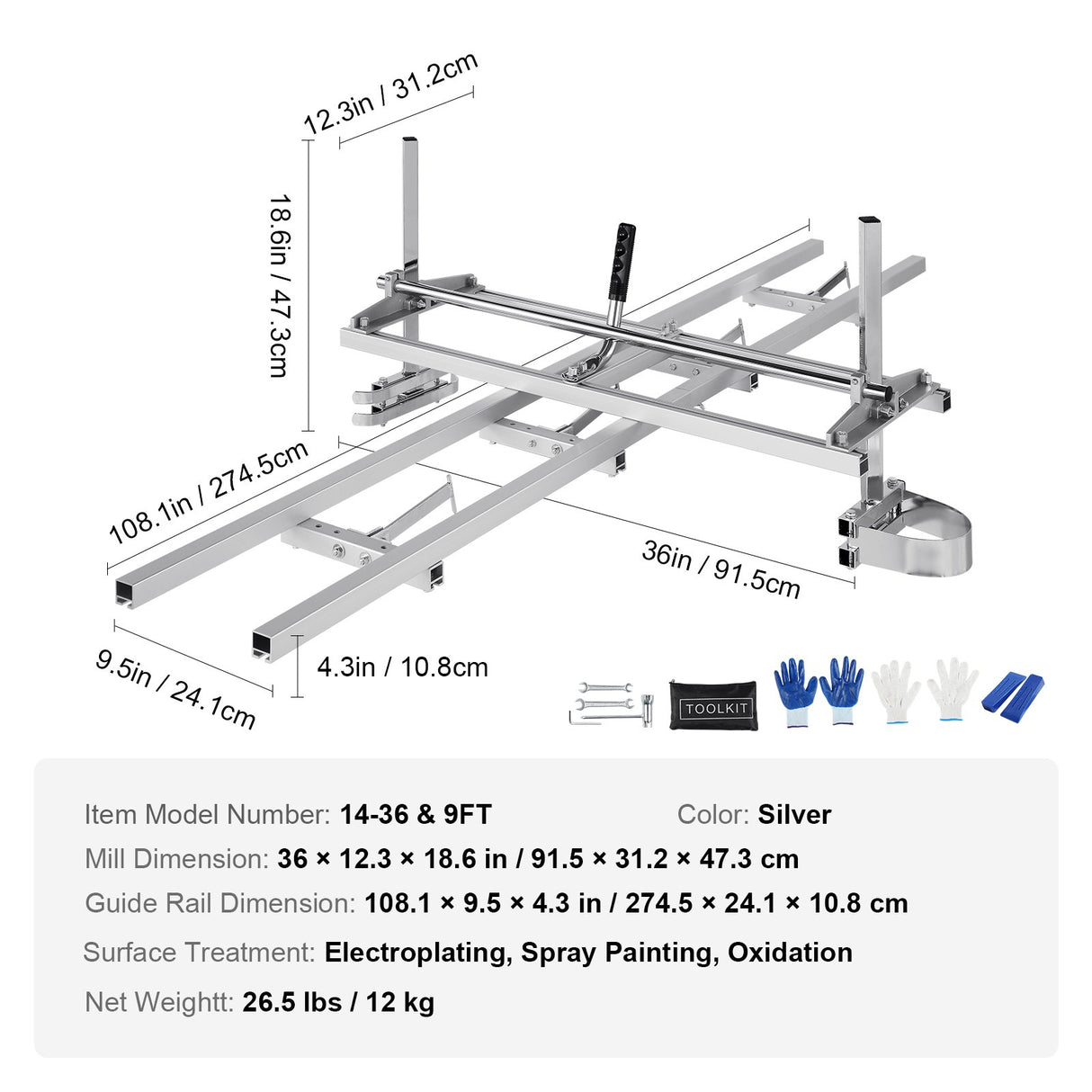 VEVOR Chainsaw Mill 14"-36" Guide Bar and 9 ft Aluminum Rail Mill Guide System