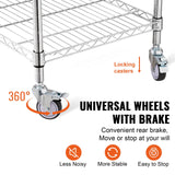 VEVOR Kitchen Utility Cart, 3 Tiers, Wire Rolling Cart with 213kg Capacity, Steel Service Cart on Wheels, Metal Storage Trolley with 76mm Basket Curved Handle PP Liner 6 Hooks, for Indoor and Outdoor - 45-Degree Angle