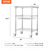 VEVOR Kitchen Utility Cart, 3 Tiers, Wire Rolling Cart with 213kg Capacity, Steel Service Cart on Wheels, Metal Storage Trolley with 76mm Basket Curved Handle PP Liner 6 Hooks, for Indoor and Outdoor - Close-Up Angle