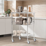 Kitchen Utility Cart, 3 Tiers, Wire Rolling Cart with 213kg Capacity, Steel Service Cart on Wheels, Metal Storage Trolley with 76mm Basket Curved Handle PP Liner 6 Hooks, for Indoor and Outdoor