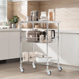 VEVOR Kitchen Utility Cart, 3 Tiers, Wire Rolling Cart with 213kg Capacity, Steel Service Cart on Wheels, Metal Storage Trolley with 76mm Basket Curved Handle PP Liner 6 Hooks, for Indoor and Outdoor - Low Angle