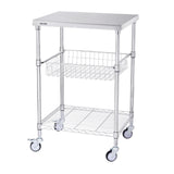 Kitchen Utility Cart, 3 Tiers, Wire Rolling Cart with 213kg Capacity, Steel Service Cart on Wheels, Metal Storage Trolley with 76mm Basket Curved Handle PP Liner 6 Hooks, for Indoor and Outdoor