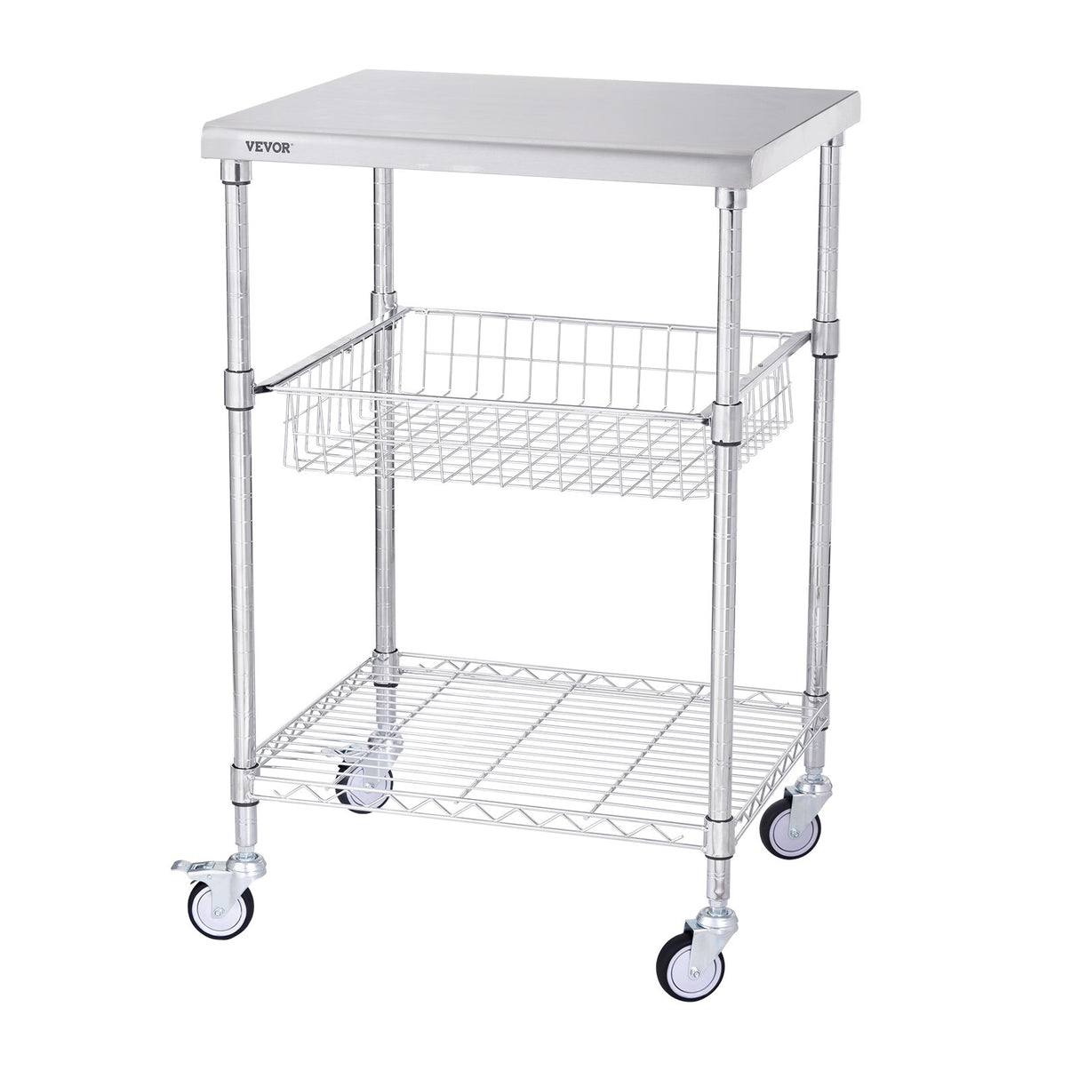 VEVOR Kitchen Utility Cart, 3 Tiers, Wire Rolling Cart with 213kg Capacity, Steel Service Cart on Wheels, Metal Storage Trolley with 76mm Basket Curved Handle PP Liner 6 Hooks, for Indoor and Outdoor