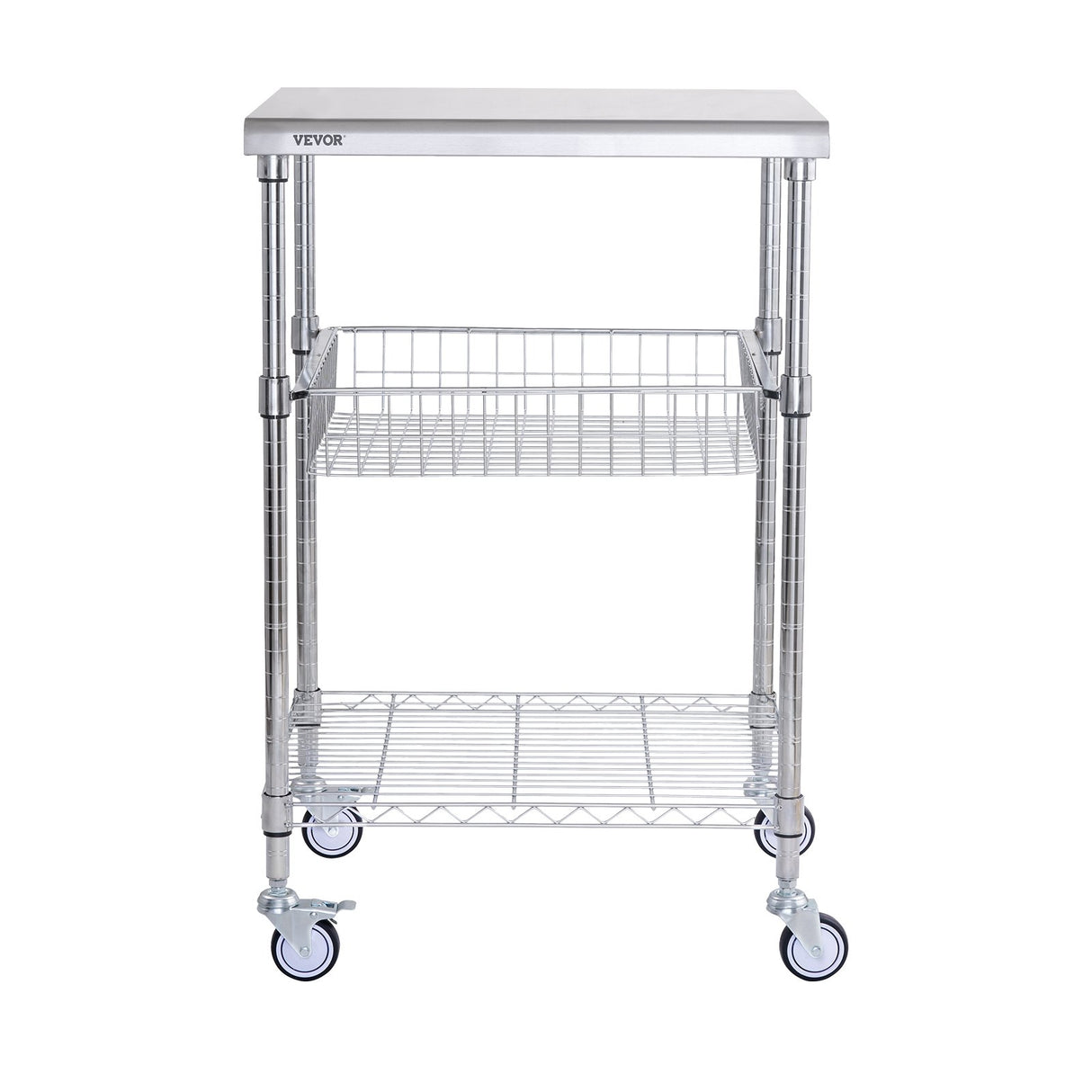 VEVOR Kitchen Utility Cart, 3 Tiers, Wire Rolling Cart with 213kg Capacity, Steel Service Cart on Wheels, Metal Storage Trolley with 76mm Basket Curved Handle PP Liner 6 Hooks, for Indoor and Outdoor