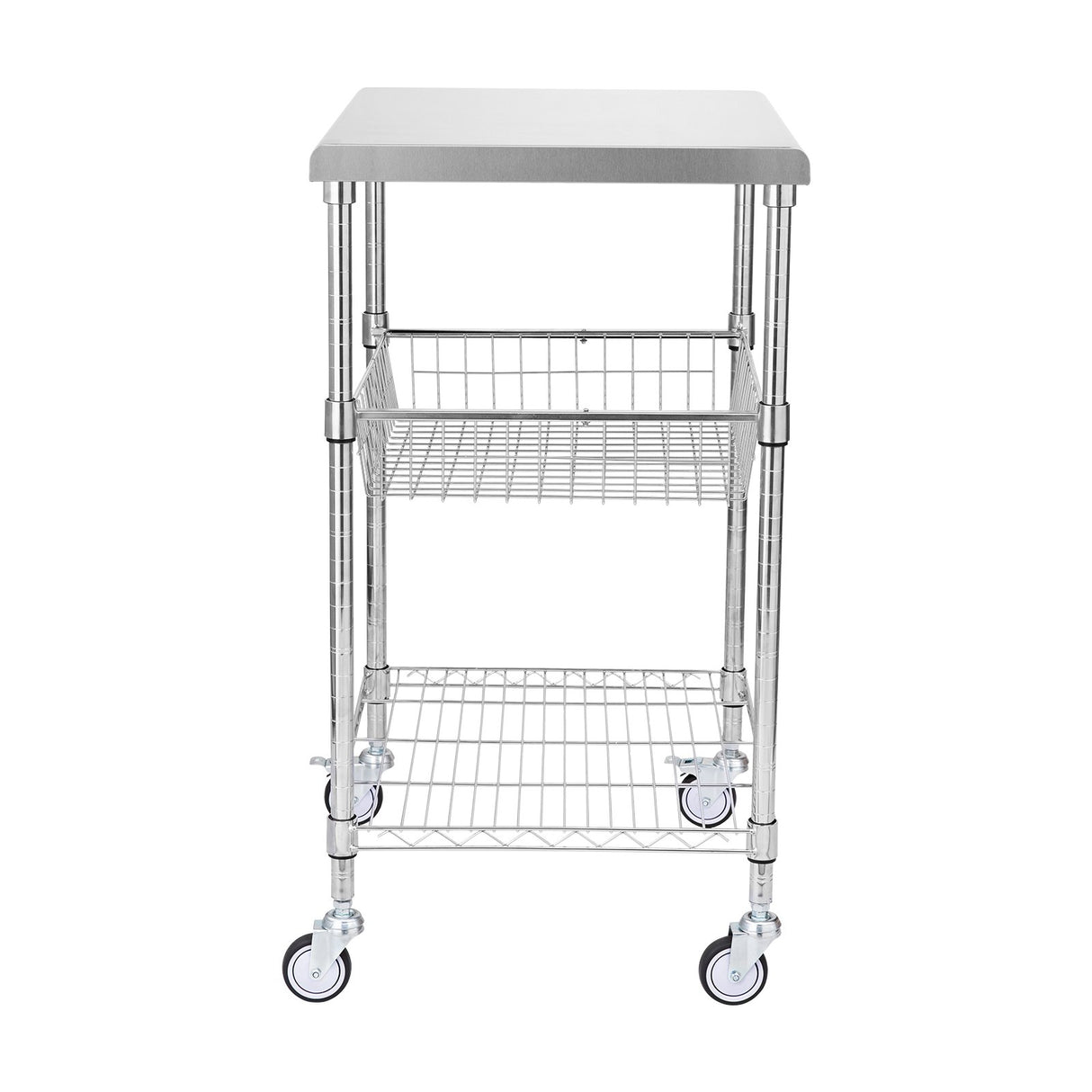 VEVOR Kitchen Utility Cart, 3 Tiers, Wire Rolling Cart with 213kg Capacity, Steel Service Cart on Wheels, Metal Storage Trolley with 76mm Basket Curved Handle PP Liner 6 Hooks, for Indoor and Outdoor