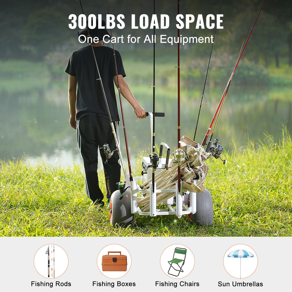 VEVOR Beach Fishing Cart 136 kg Load Capacity Fish and Marine Cart with Two 330 mm Big Wheels PU Balloon Tires for Sand Heavy-Duty Aluminum Pier Wagon Trolley with 8 Rod Holders for Fishing Picnic