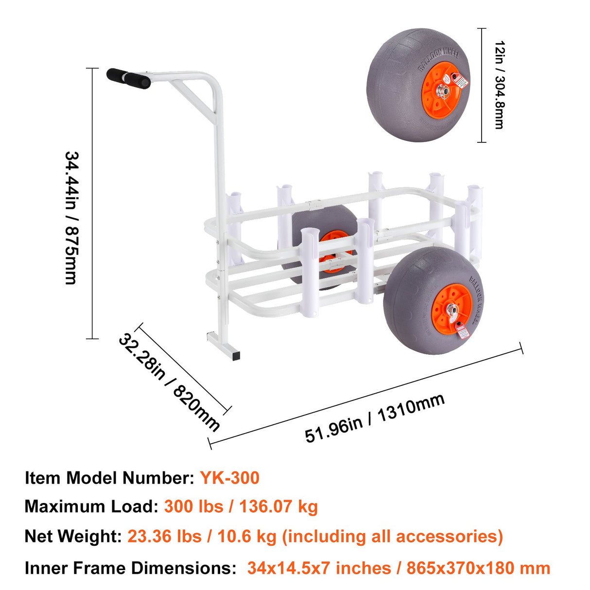 VEVOR Beach Fishing Cart 136 kg Load Capacity Fish and Marine Cart with Two 330 mm Big Wheels PU Balloon Tires for Sand Heavy-Duty Aluminum Pier Wagon Trolley with 8 Rod Holders for Fishing Picnic