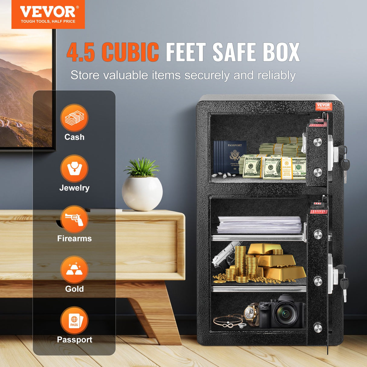 VEVOR Double Doors 4.5 cu.ft Safe Box with Key Lock & Password, Safe Lock Box with Fireproof Bag, Key Rack, LED Light and 2 Height Adjustable and Removable Divider for Money, Documents, Jewelry and Valuables, Black