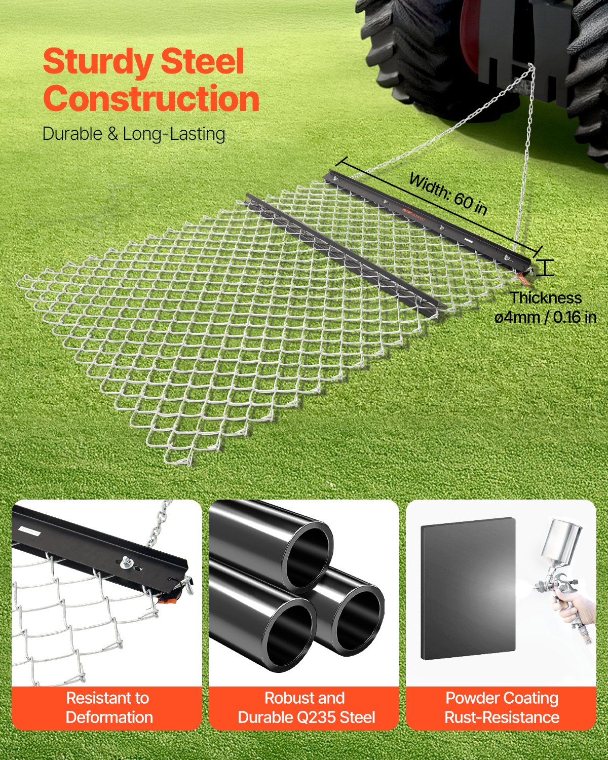 VEVOR Drag Harrow 4 x 5 ft Chain Harrow Lawn Rake ATV UTV Tractor Attachments