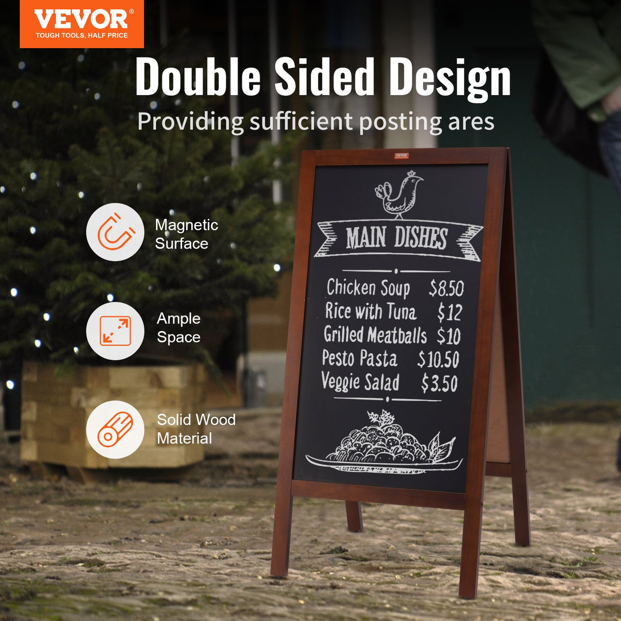 VEOVR A Frame Chalkboard Sign, 50x102 cm Double-Sided Sidewalk Signs, Freestanding Vintage Wooden Chalk Board with Chalks & Magnetic Eraser, Rustic Brown Outdoor Sandwich Board Kitchen Home Wedding