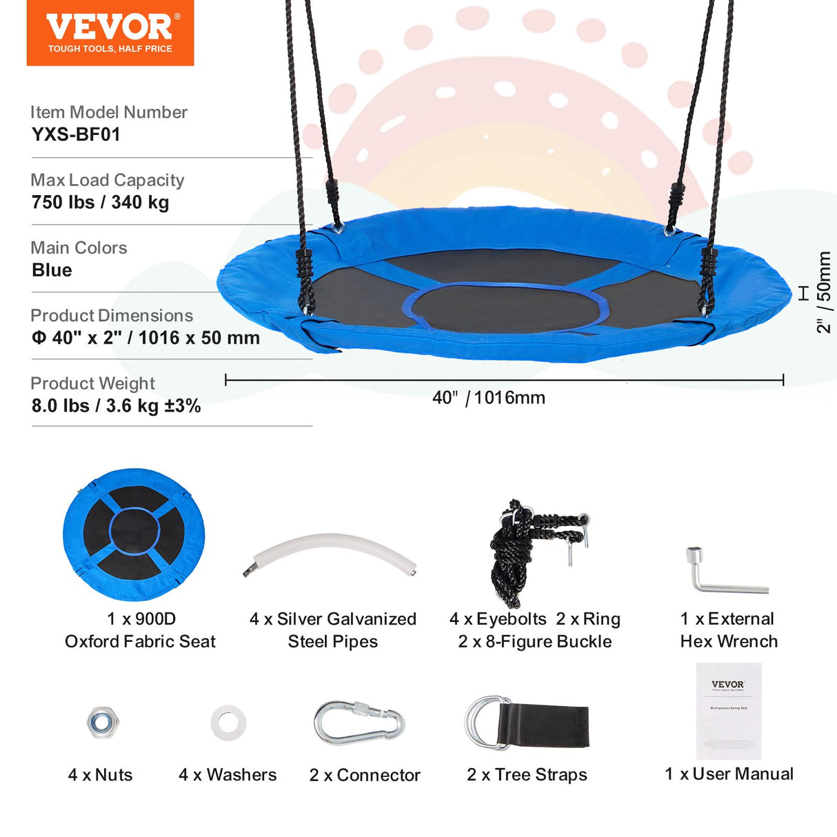 Tree Swing, 40 Inch Saucer Swing, 750lbs Weight Capacity, 900D Oxford Fabric Swing Seat with 2 Tree Hanging Straps and Adjustable Multi-Strand Ropes, Round Swing for Kids Outdoor, Blue
