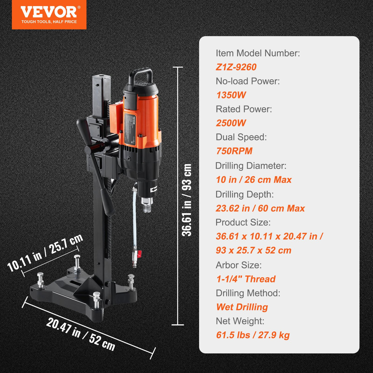 VEVOR Diamond Core Drilling Machine, 10in Wet Concrete Core Drill Rig with Stand Wheels, 750RPM Speed & 1-1/4" Thread & Lifting Handle, 10in Drilling