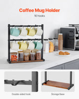 VEVOR Coffee Mug Holder for Countertop 16 Hooks Cup Rack with Wood Storage Base - Front View