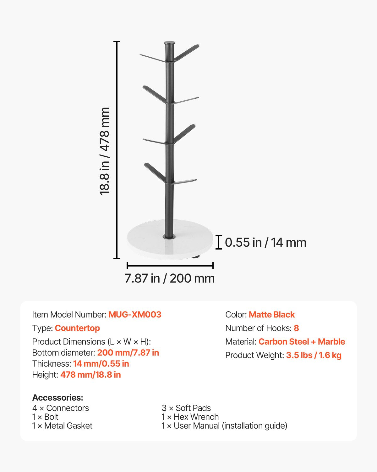 VEVOR Mug Holder Tree with Marble Base 8 Hooks Cup Tree Rack for Counter Kitchen
