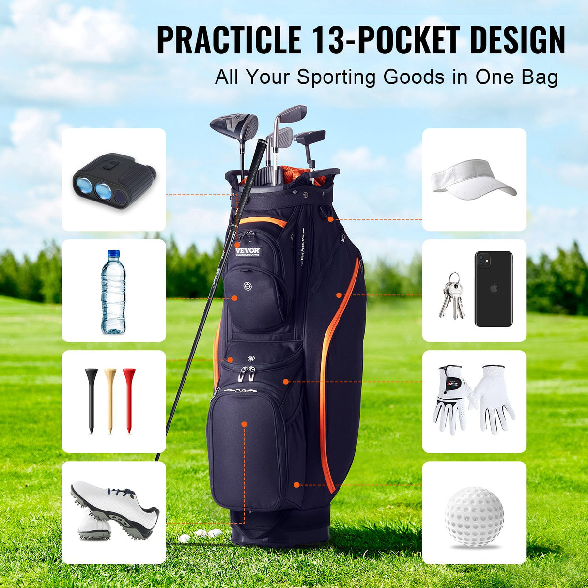 VEVOR Golf Cart Bag with 14 Way Organizer Divider Top, 36??13 Pockets Premium Cart Bag, Durable 600D Polyester Fabric Golf Bags with Handles & Dust