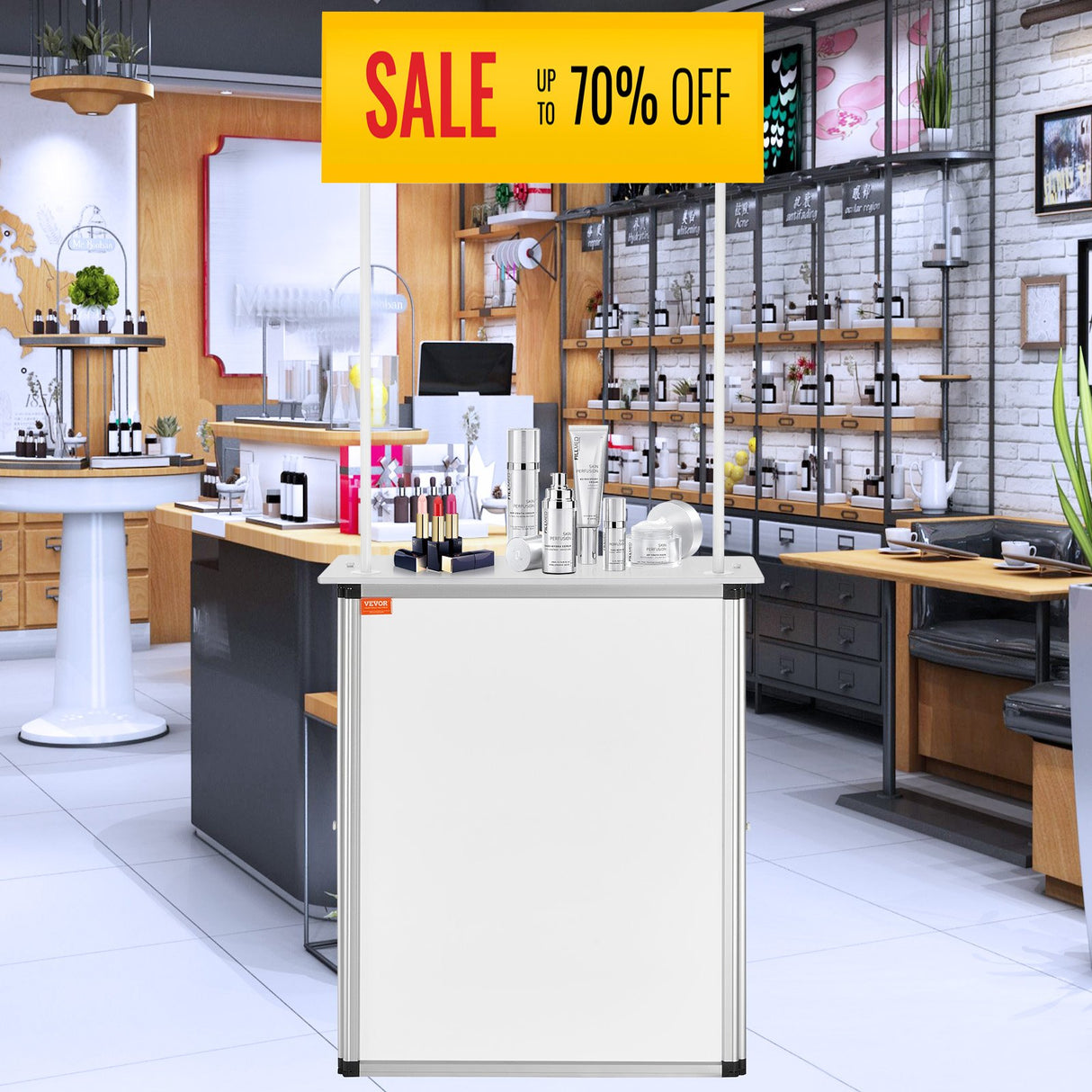 Portable Tradeshow Podium Table, 785 x 380 x 1815 mm, Display Exhibition Counter Stand Booth Fair with Wall, Foldable Promotion Retail Bar Table Pop Up Podium with Storage Rack/Carrying Bag