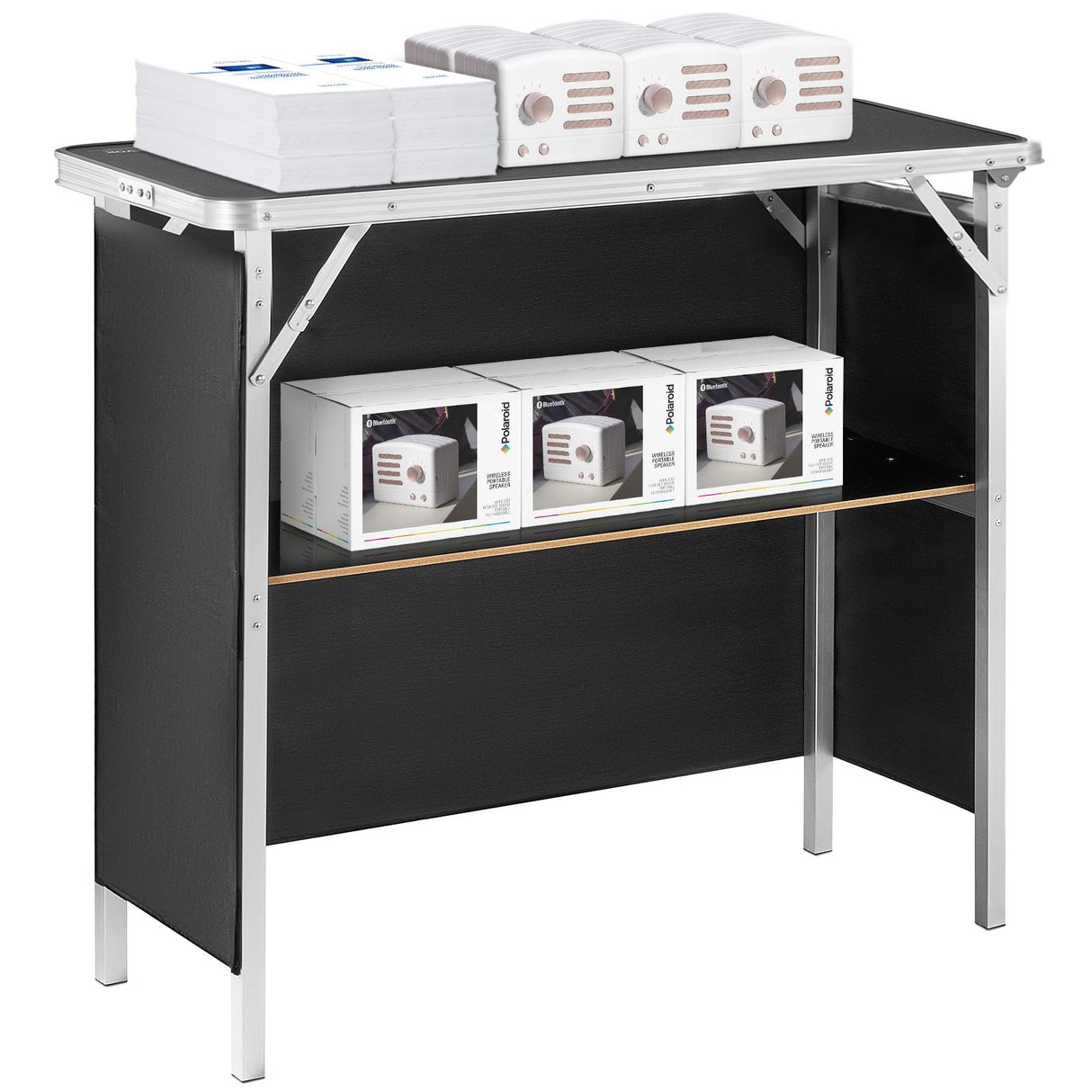 VEVOR Folding Portable Bar Table, Tradeshow Podium Table for Indoor, Outdoor, Party, Picnic, Exhibition, Includes Carrying Case, Storage Shelf and Black Skirt, 38.39" x 15.16" x 34.25“