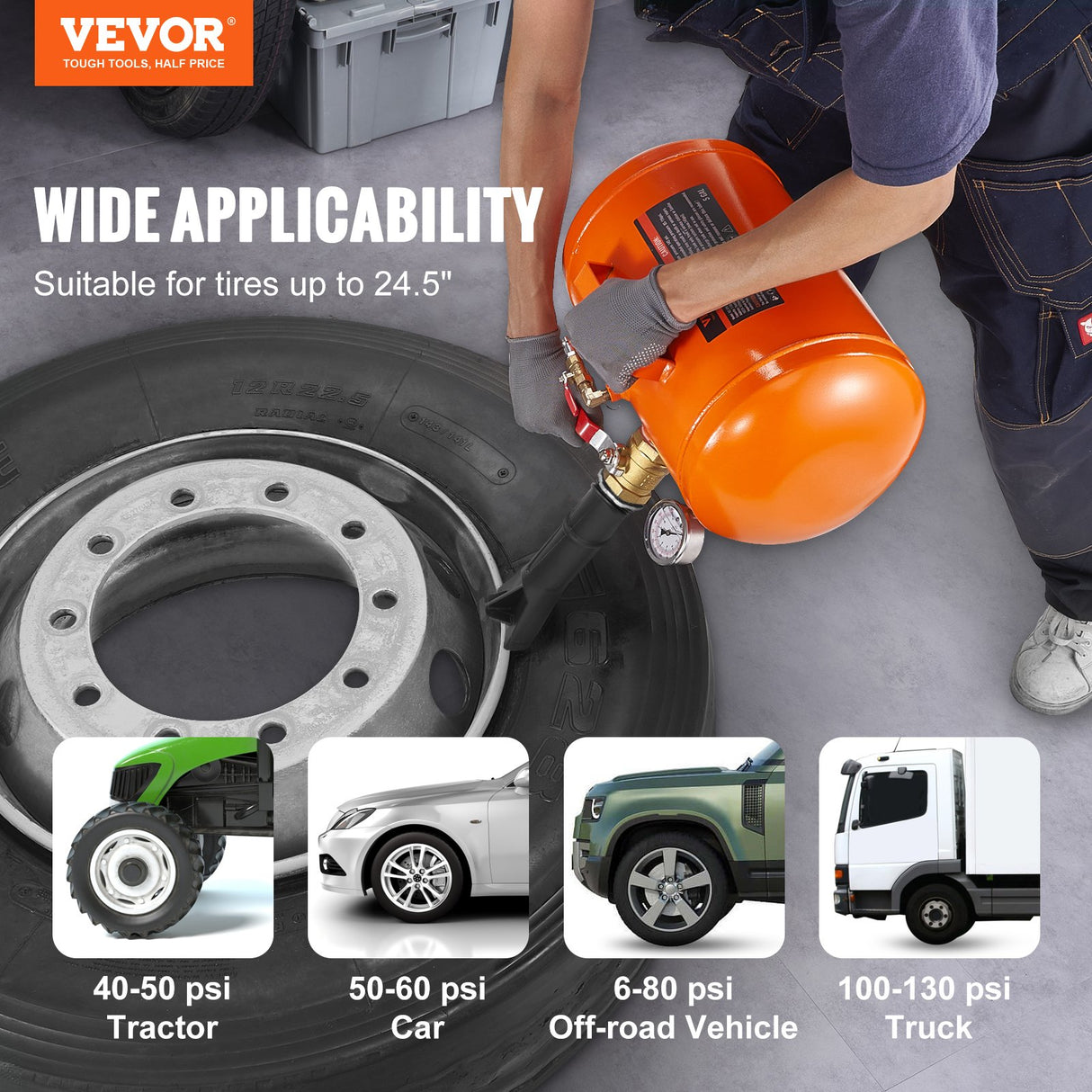VEVOR Tire Bead Seater, 5 Gal/19L Air Tire Bead Blaster with Pressure Gauge & Handle, 145 PSI Seating Tool Inflator Tank, 85-116 PSI Operating Pressure for Car Truck ATV