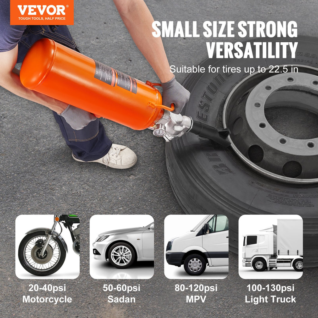 VEVOR Tire Bead Seater, 2.1 Gal/8 L Air Tire Bead Blaster, 120 PSI Handheld Bead Bazooka, Upgraded Portable Tire Inflator Tool, 85-116 PSI Operating