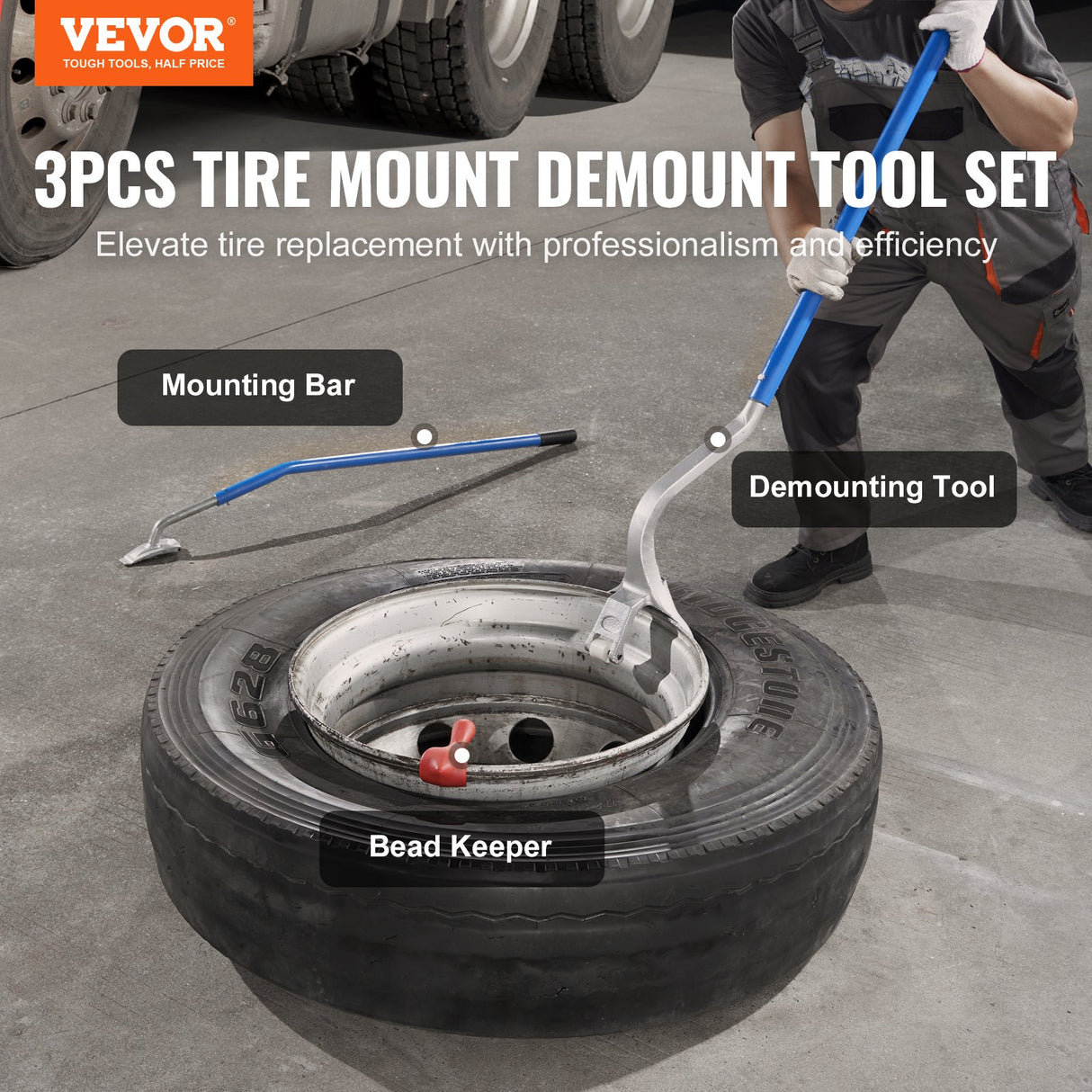 VEVOR Tire Mount Demount Tool, 571-622 mm Manual Steel Tire Changer Mount Demount Removal Tool, with Extra Bead Keeper, Tubeless Truck Bead Breaker, 3