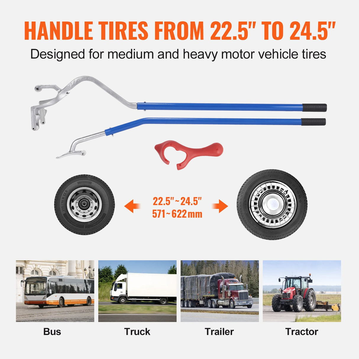 VEVOR Tire Mount Demount Tool, 571-622 mm Manual Steel Tire Changer Mount Demount Removal Tool, with Extra Bead Keeper, Tubeless Truck Bead Breaker, 3 PCS Tire Changing Tools, Orange