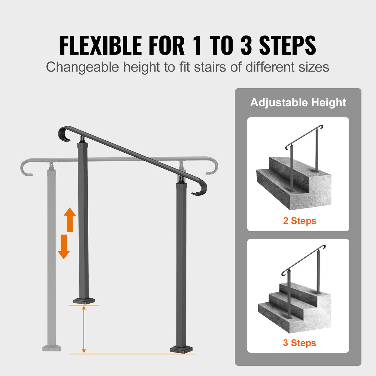 VEVOR Handrails for Outdoor Steps, Fit 1-3 Steps Outdoor Stair Railing, Wrought Iron Handrail, Adjustable Front Porch Hand Rail, Black Transitional Hand railings for Concrete Steps or Wooden Stairs