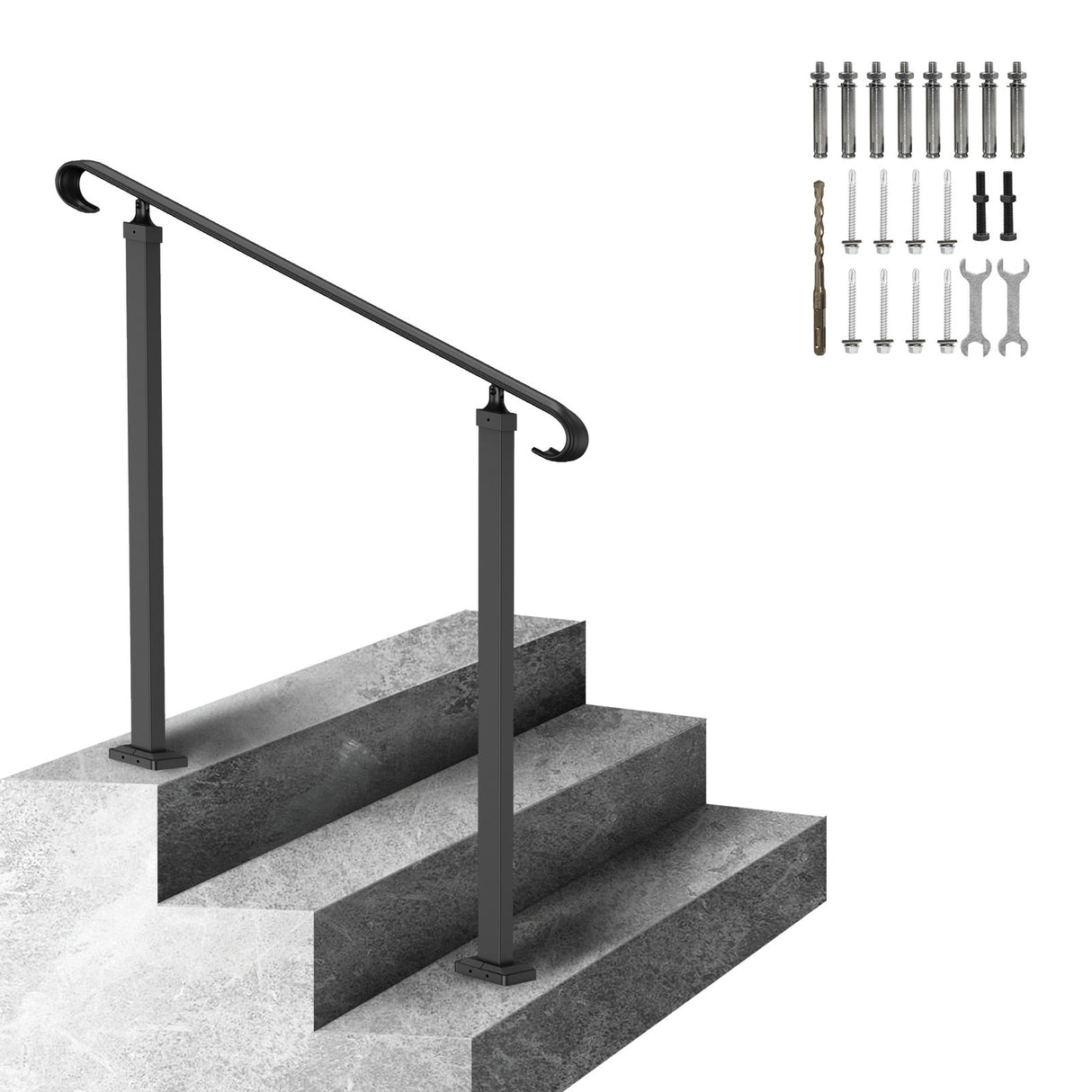 VEVOR Handrails for Outdoor Steps, Fit 1-3 Steps Outdoor Stair Railing, Wrought Iron Handrail, Adjustable Front Porch Hand Rail, Black Transitional Hand railings for Concrete Steps or Wooden Stairs