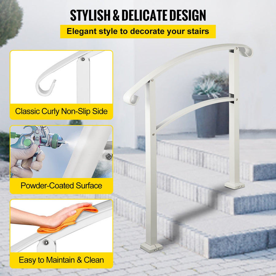 3-Step Handrails for Outdoor Steps Fits 1 or 3 Steps Matte White Stair Rail Wrought Iron Handrail with Installation Kit Hand Rails for Outdoor Step