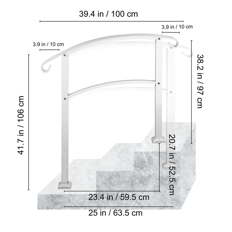 3-Step Handrails for Outdoor Steps Fits 1 or 3 Steps Matte White Stair Rail Wrought Iron Handrail with Installation Kit Hand Rails for Outdoor Step