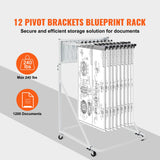 Mobile Blueprint Storage Rack, Plan Holder with 12 Pivot Brackets, Mobile Blueprint Holder Adjustable Height & Length, Poster Display Rack for Office and Home (Rack Only Without Clamps) - Front View