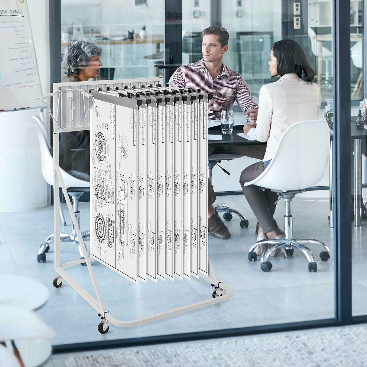 Mobile Blueprint Storage Rack, Plan Holder with 12 Pivot Brackets, Mobile Blueprint Holder Adjustable Height & Length, Poster Display Rack for Office and Home (Rack Only Without Clamps)