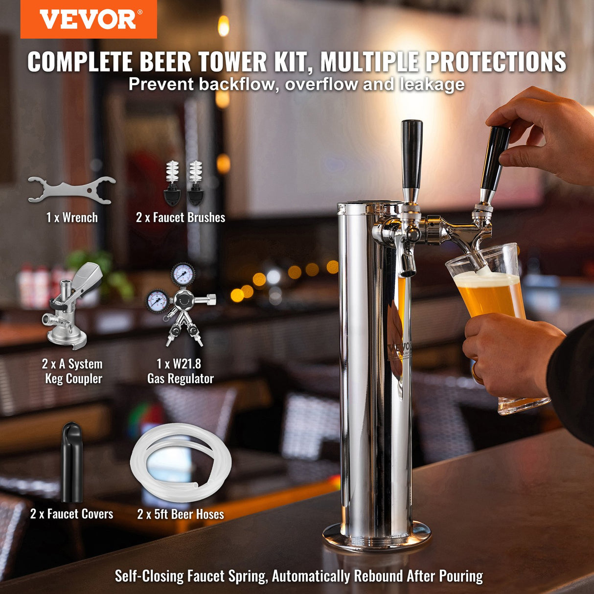 VEVOR Kegerator Tower Kit, Dual Taps Beer Conversion Kit, Stainless Steel Keg Beer Tower Dispenser with Dual Gauge W21.8 Regulator & A-System Keg