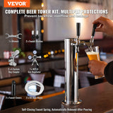 VEVOR Kegerator Tower Kit, Dual Taps Beer Conversion Kit, Stainless Steel Keg Beer Tower Dispenser with Dual Gauge W21.8 Regulator & A-System Keg Coupler, Beer Drip Tray for Party Home - Front View