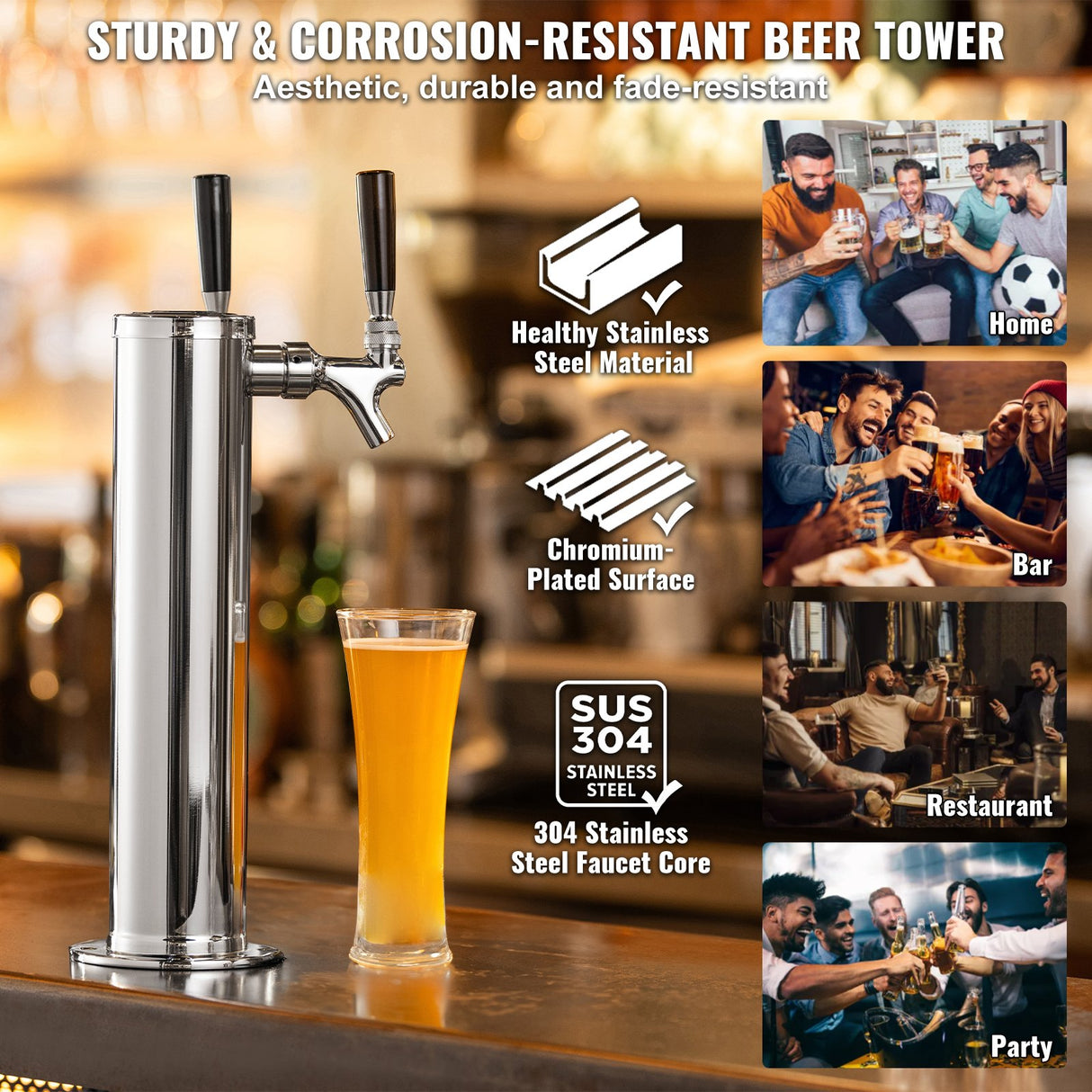 VEVOR Kegerator Tower Kit, Dual Taps Beer Conversion Kit, Stainless Steel Keg Beer Tower Dispenser with Dual Gauge W21.8 Regulator & A-System Keg